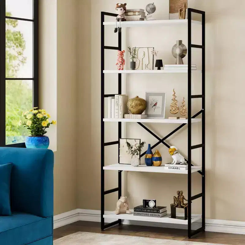 Celebalcony 62.2 H x 23.6 W 5 Tiers Bookshelf, Tall Wooden Bookcase with Metal Frame, Modern Book Rack, Storage Shelves for Home Office
