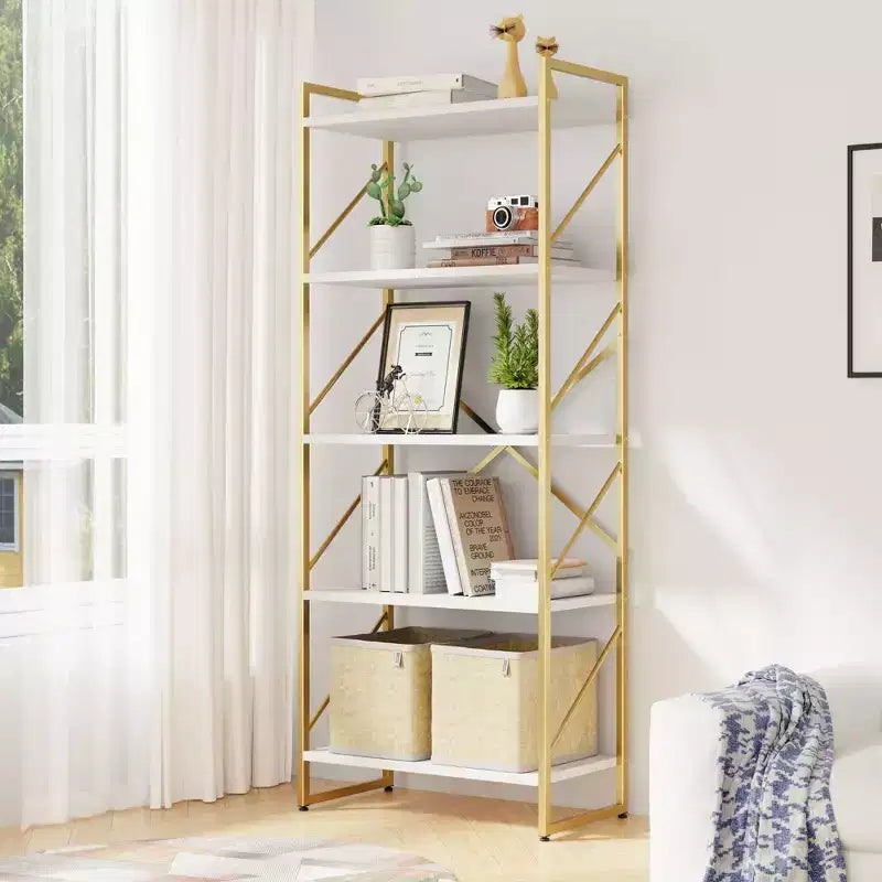 Celebalcony 62.2 H x 23.6 W 5 Tiers Bookshelf, Tall Wooden Bookcase with Metal Frame, Modern Book Rack, Storage Shelves for Home Office