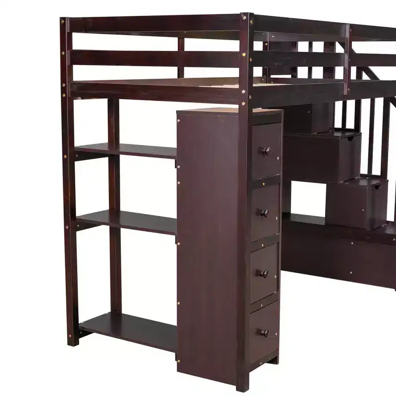 Twin Size Wooden Loft Bed with Storage Drawers, Stairs & Shelves