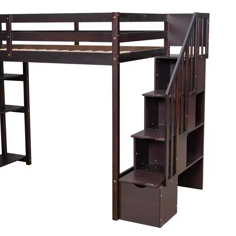 Twin Size Wooden Loft Bed with Storage Drawers, Stairs & Shelves