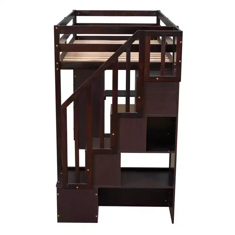 Twin Size Wooden Loft Bed with Storage Drawers, Stairs & Shelves