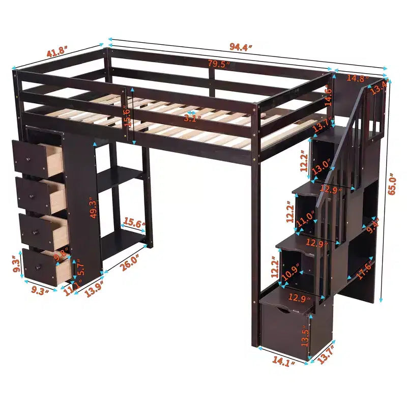 Twin Size Wooden Loft Bed with Storage Drawers, Stairs & Shelves