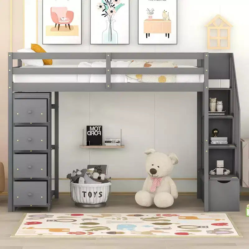 Twin Size Wooden Loft Bed with Storage Drawers, Stairs & Shelves