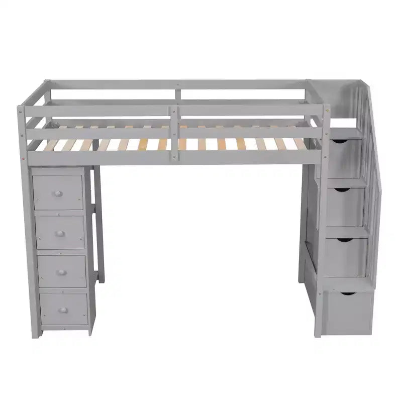 Twin Size Wooden Loft Bed with Storage Drawers, Stairs & Shelves