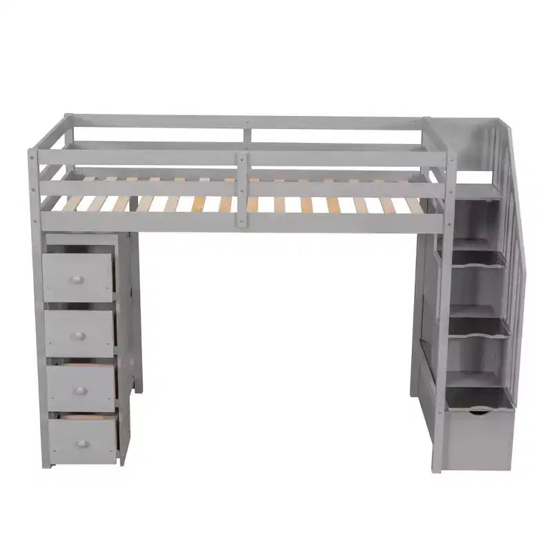 Twin Size Wooden Loft Bed with Storage Drawers, Stairs & Shelves