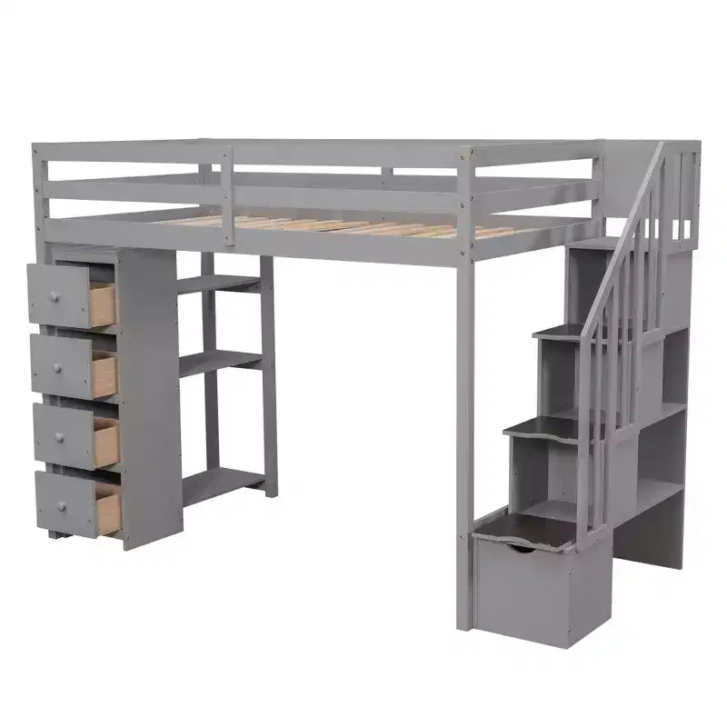 Twin Size Wooden Loft Bed with Storage Drawers, Stairs & Shelves