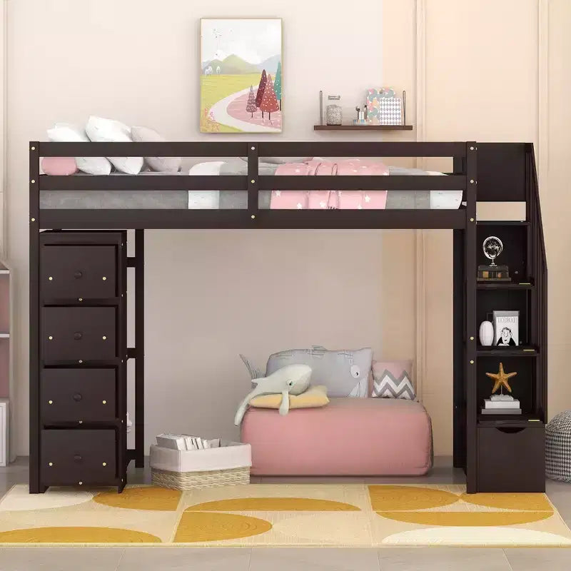 Twin Size Wooden Loft Bed with Storage Drawers, Stairs & Shelves