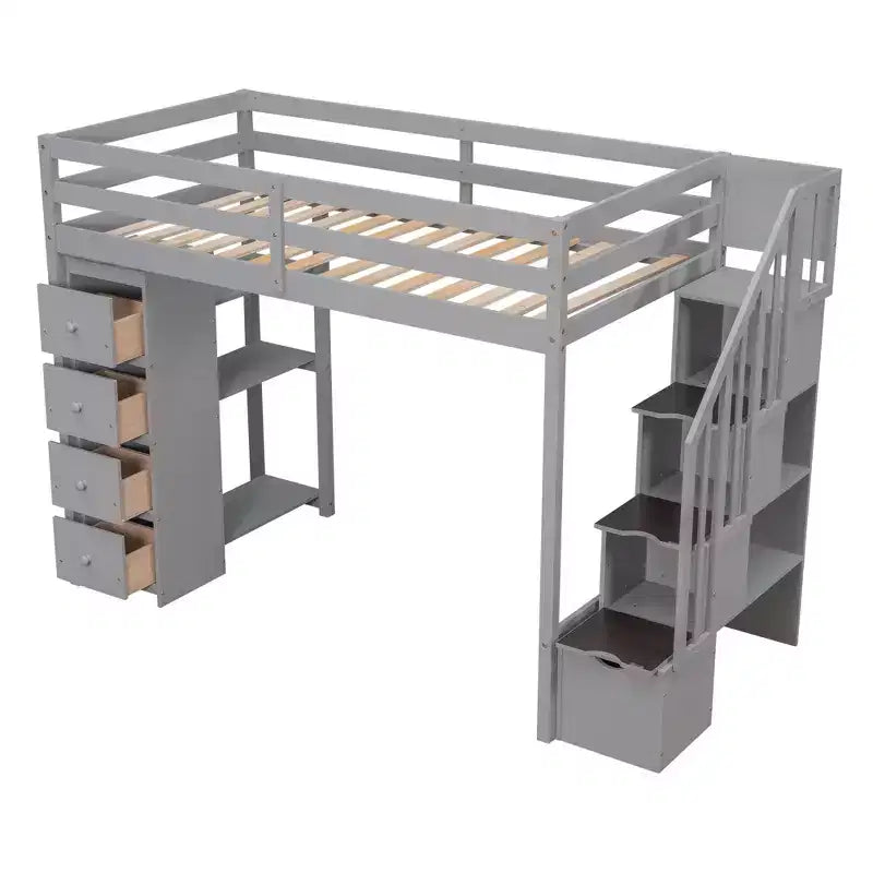 Twin Size Wooden Loft Bed with Storage Drawers, Stairs & Shelves