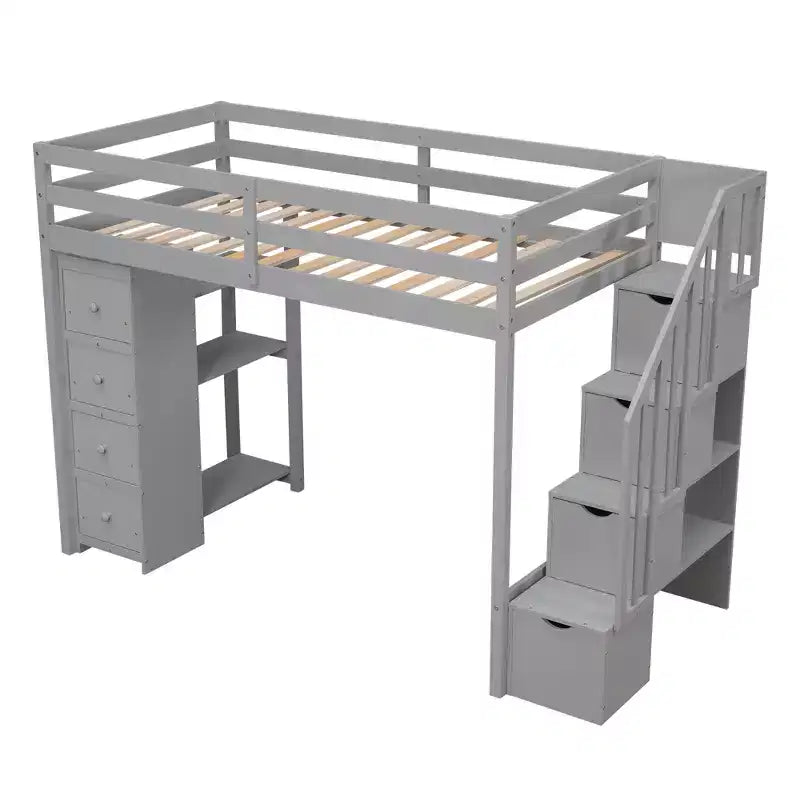 Twin Size Wooden Loft Bed with Storage Drawers, Stairs & Shelves