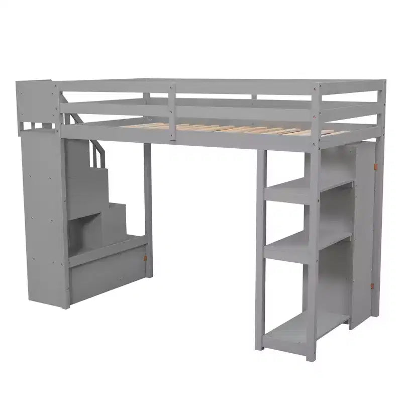 Twin Size Wooden Loft Bed with Storage Drawers, Stairs & Shelves