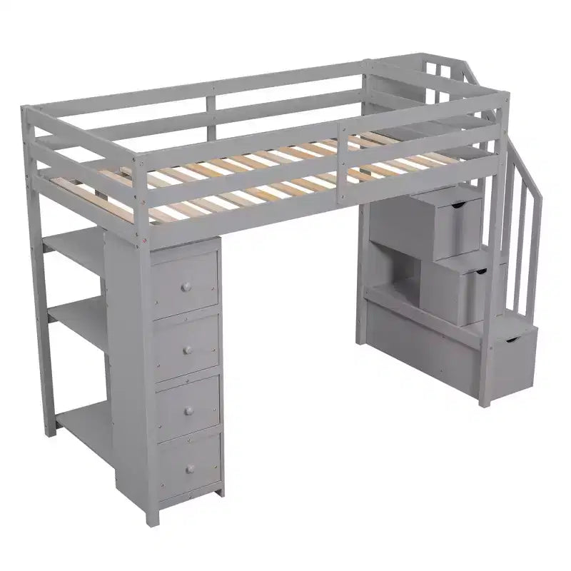 Twin Size Wooden Loft Bed with Storage Drawers, Stairs & Shelves
