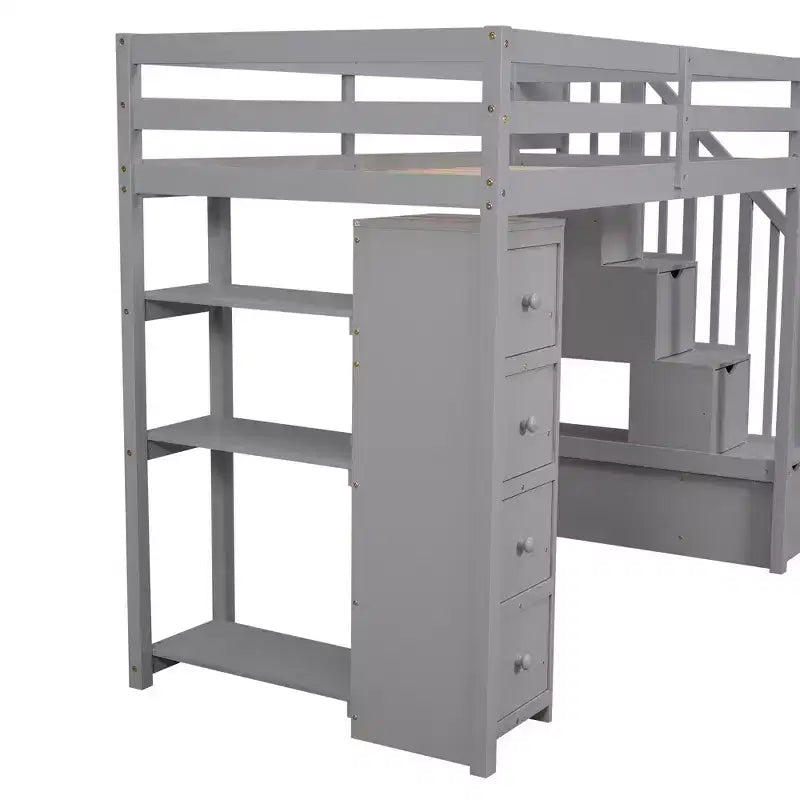 Twin Size Wooden Loft Bed with Storage Drawers, Stairs & Shelves