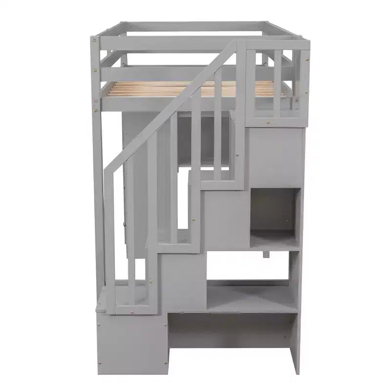 Twin Size Wooden Loft Bed with Storage Drawers, Stairs & Shelves