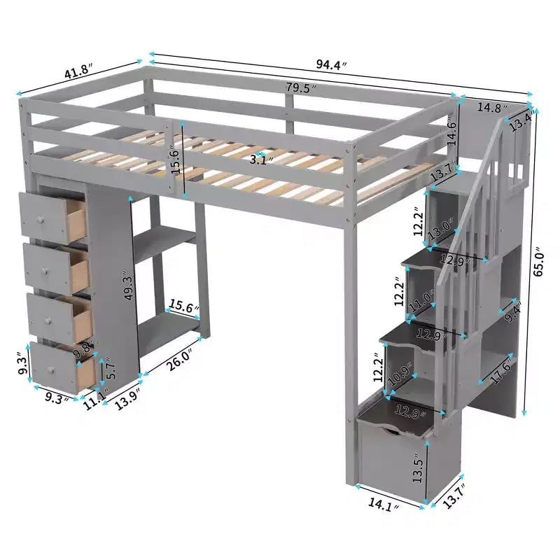 Twin Size Wooden Loft Bed with Storage Drawers, Stairs & Shelves
