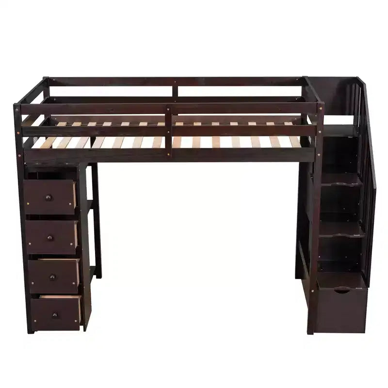 Twin Size Wooden Loft Bed with Storage Drawers, Stairs & Shelves