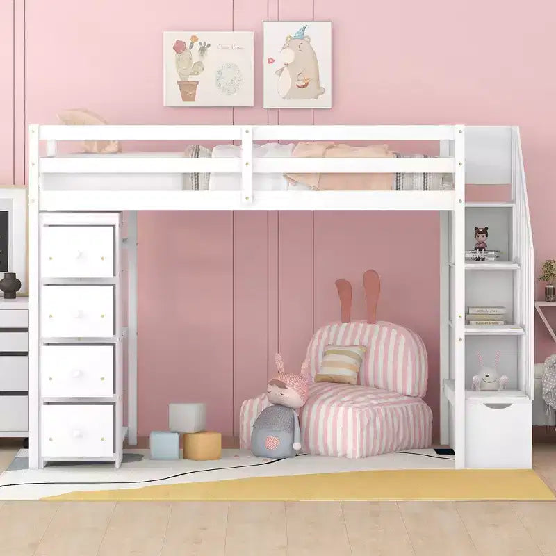 Twin Size Wooden Loft Bed with Storage Drawers, Stairs & Shelves