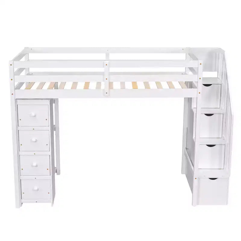 Twin Size Wooden Loft Bed with Storage Drawers, Stairs & Shelves