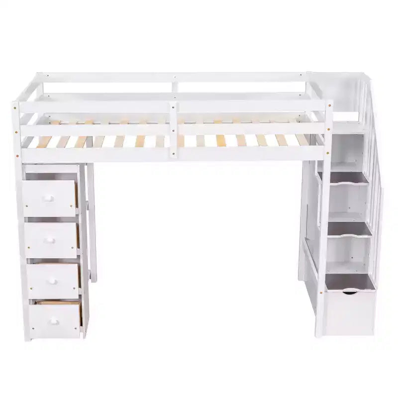 Twin Size Wooden Loft Bed with Storage Drawers, Stairs & Shelves