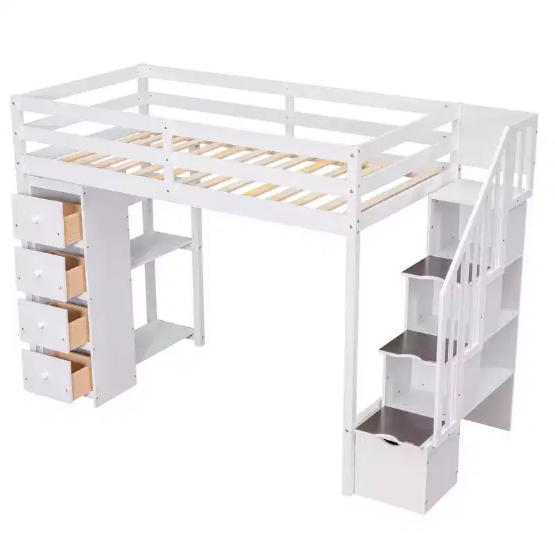 Twin Size Wooden Loft Bed with Storage Drawers, Stairs & Shelves