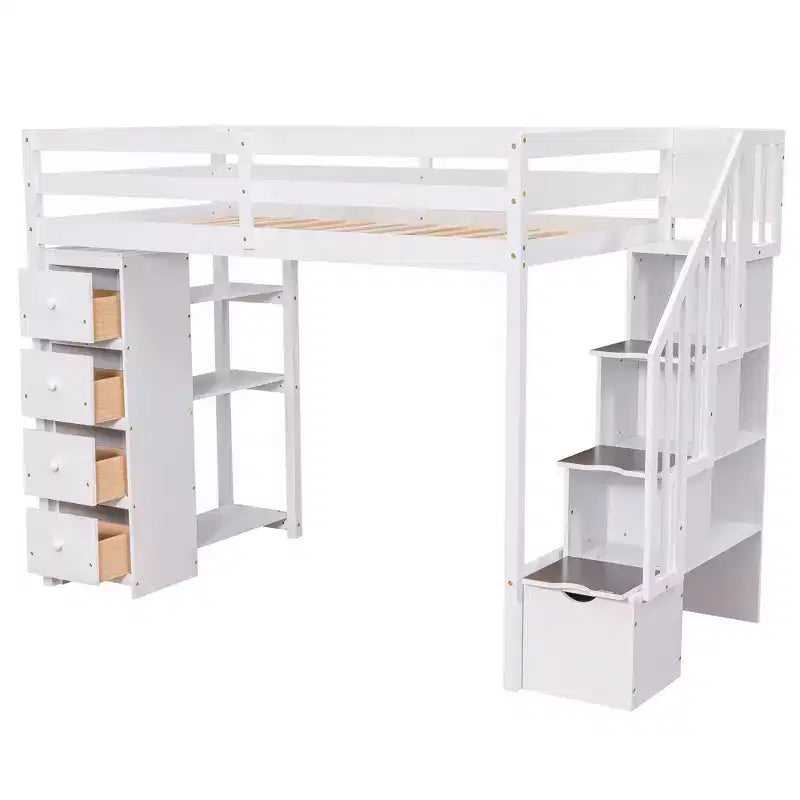Twin Size Wooden Loft Bed with Storage Drawers, Stairs & Shelves