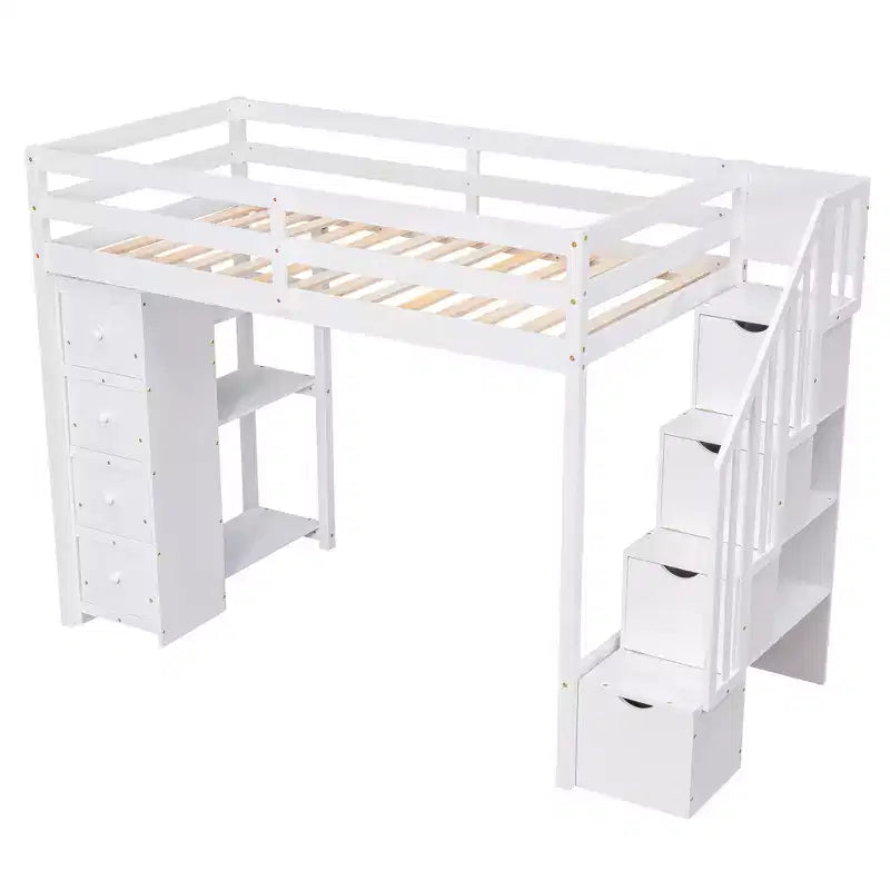 Twin Size Wooden Loft Bed with Storage Drawers, Stairs & Shelves