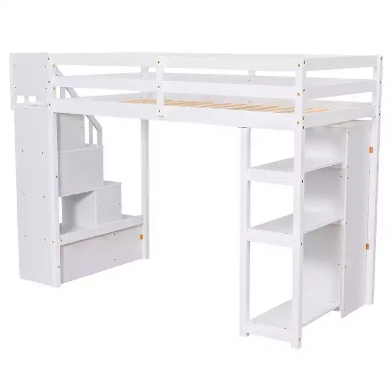 Twin Size Wooden Loft Bed with Storage Drawers, Stairs & Shelves