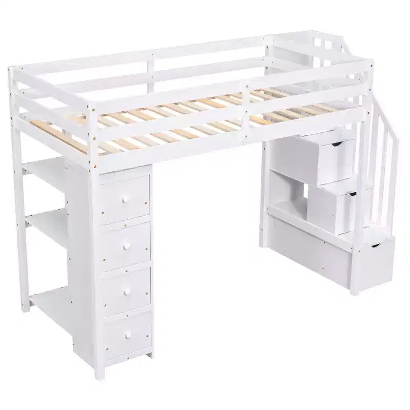 Twin Size Wooden Loft Bed with Storage Drawers, Stairs & Shelves
