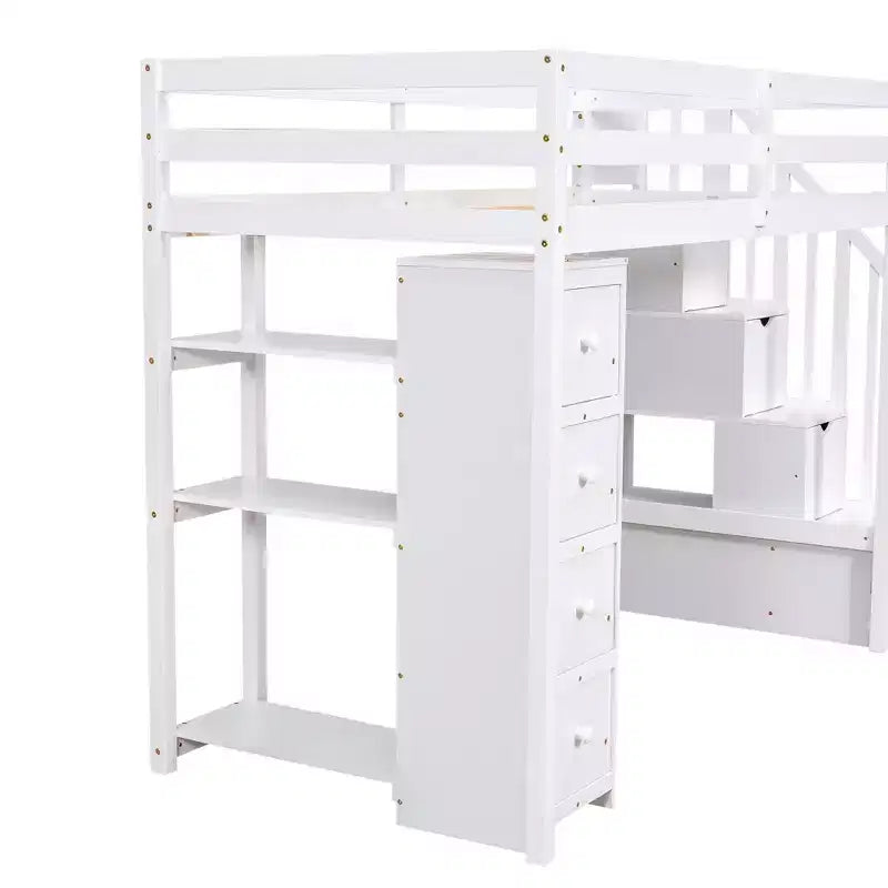 Twin Size Wooden Loft Bed with Storage Drawers, Stairs & Shelves