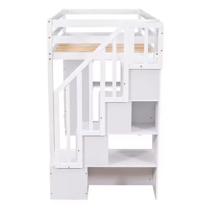 Twin Size Wooden Loft Bed with Storage Drawers, Stairs & Shelves