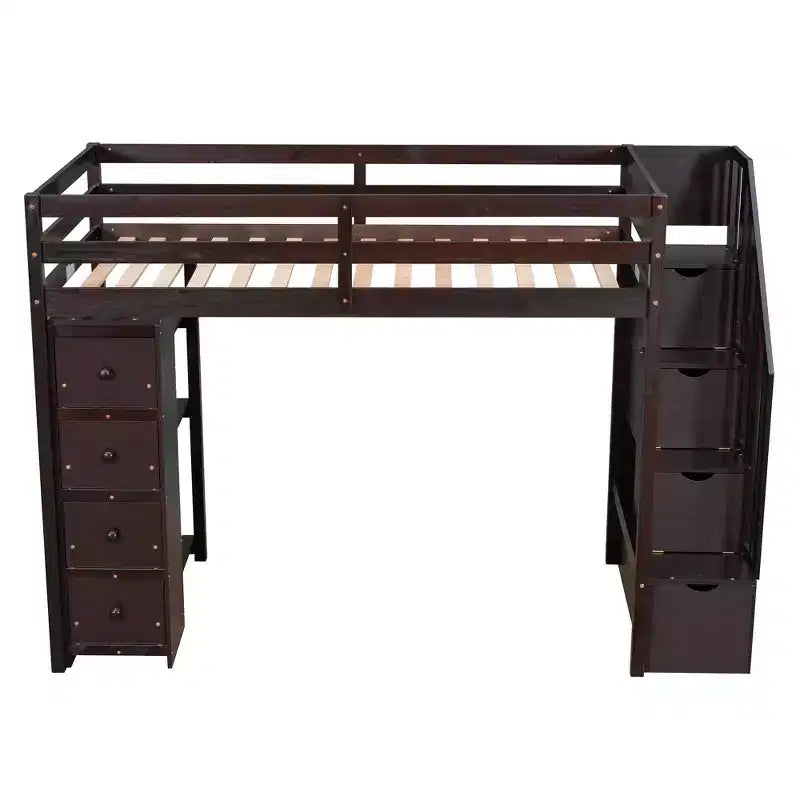 Twin Size Wooden Loft Bed with Storage Drawers, Stairs & Shelves