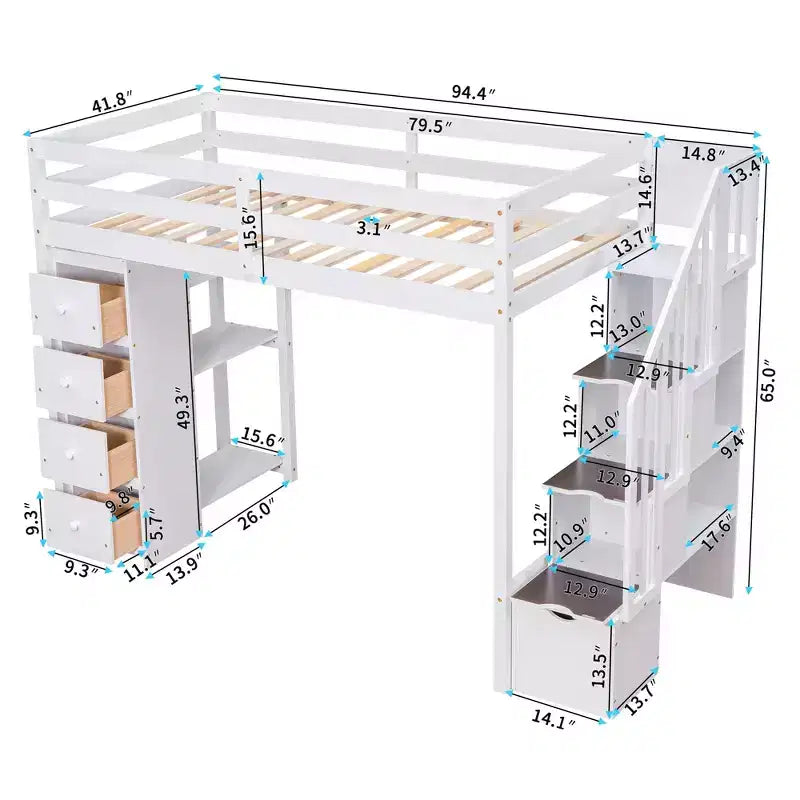 Twin Size Wooden Loft Bed with Storage Drawers, Stairs & Shelves