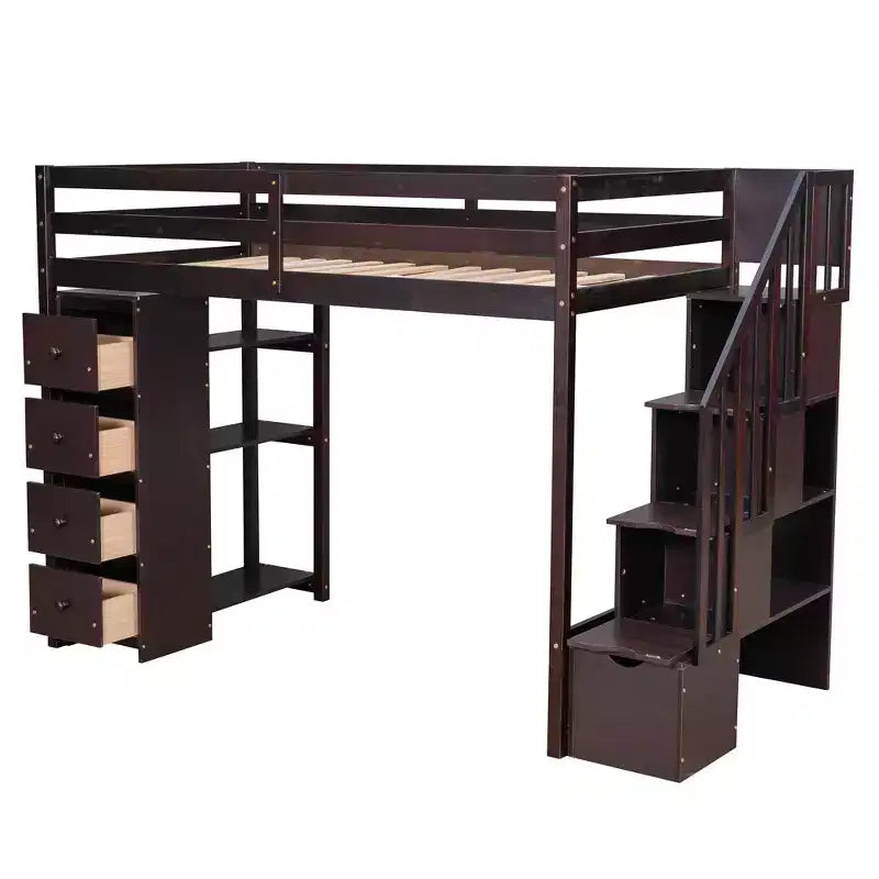 Twin Size Wooden Loft Bed with Storage Drawers, Stairs & Shelves
