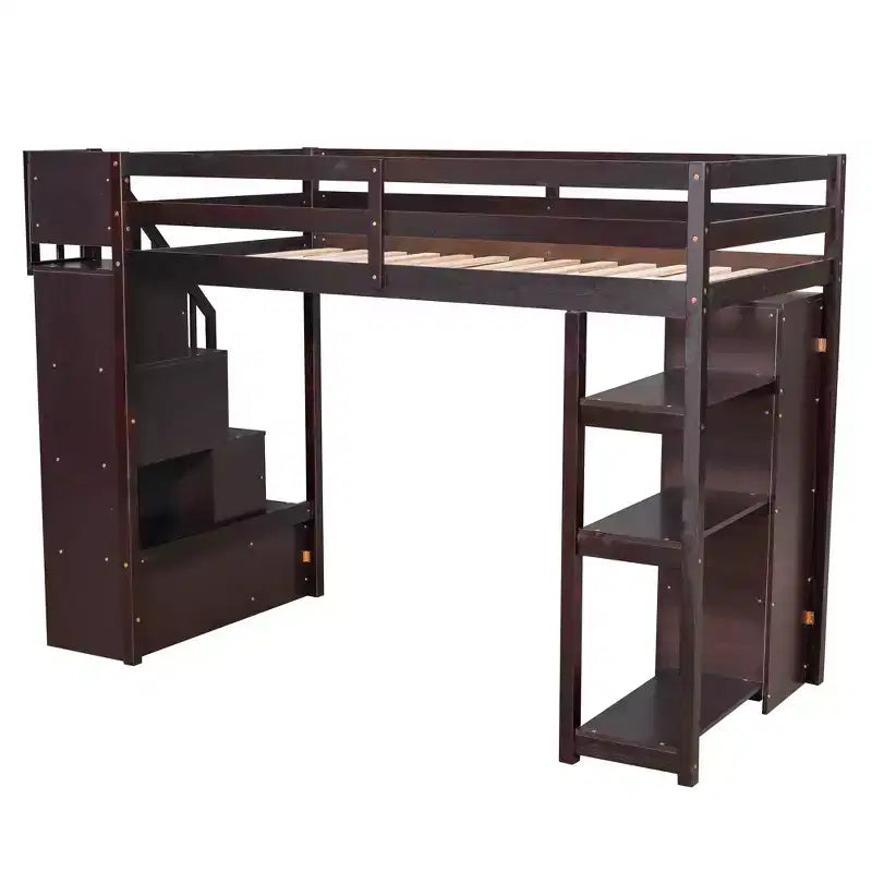 Twin Size Wooden Loft Bed with Storage Drawers, Stairs & Shelves