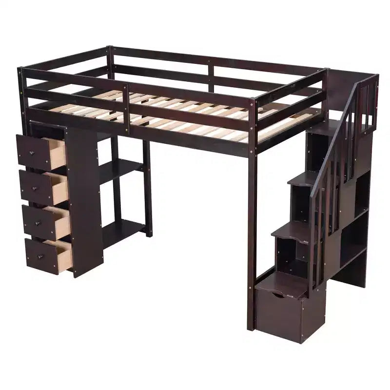 Twin Size Wooden Loft Bed with Storage Drawers, Stairs & Shelves