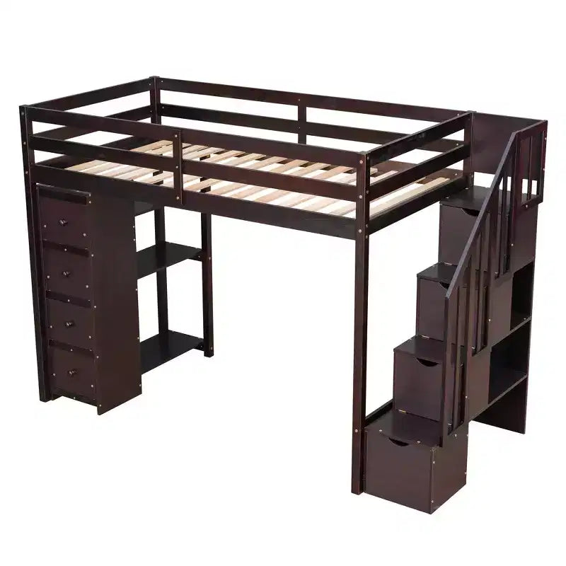 Twin Size Wooden Loft Bed with Storage Drawers, Stairs & Shelves