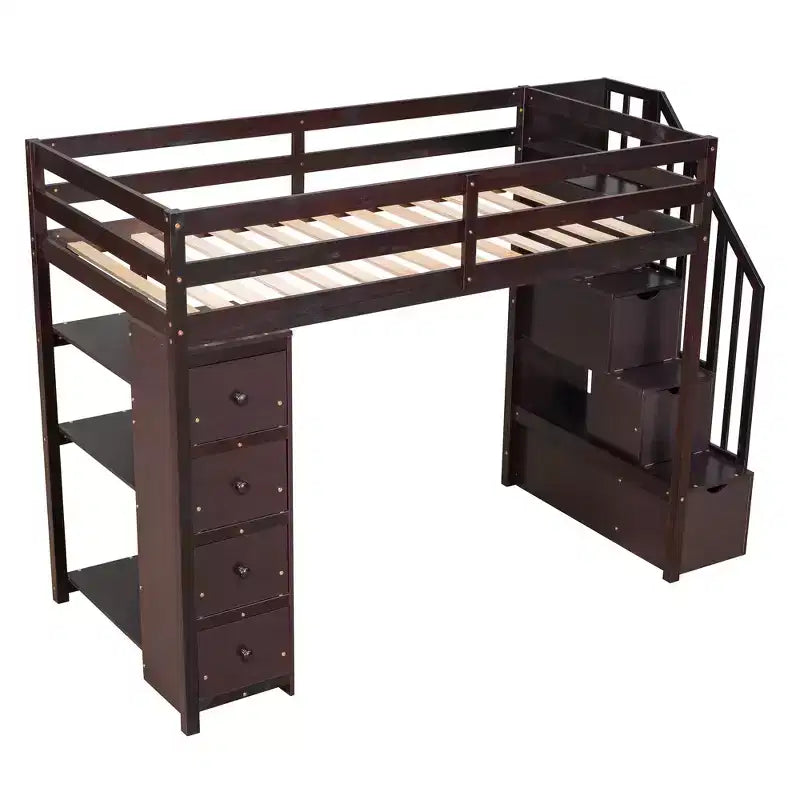 Twin Size Wooden Loft Bed with Storage Drawers, Stairs & Shelves