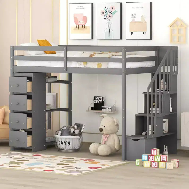 Twin Size Wooden Loft Bed with Storage Drawers, Stairs & Shelves