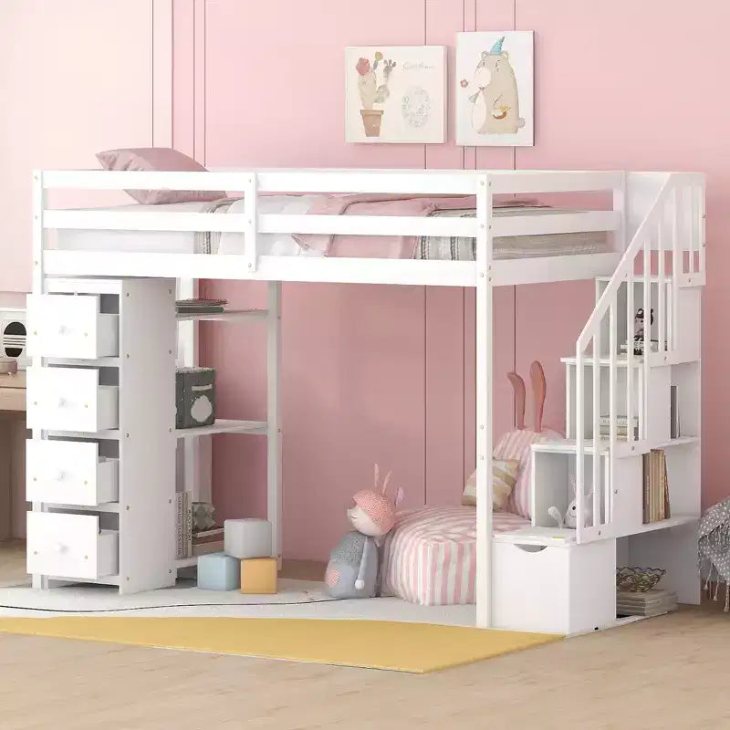 Twin Size Wooden Loft Bed with Storage Drawers, Stairs & Shelves