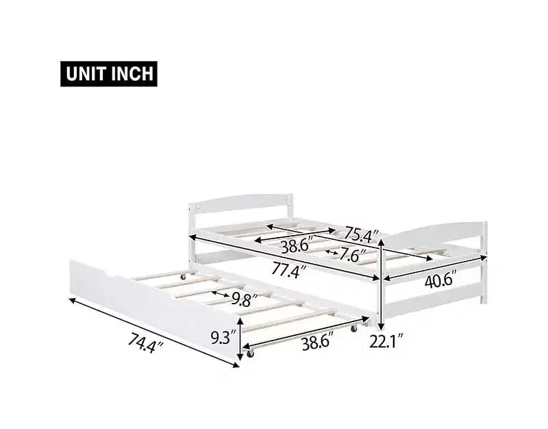 Wood Daybed with Trundle, Twin Size Platform Bed, Space-Saving Frame for Kids and Guests White One Size
