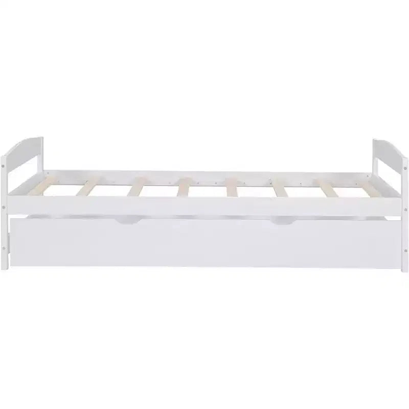 Wood Daybed with Trundle, Twin Size Platform Bed, Space-Saving Frame for Kids and Guests White One Size
