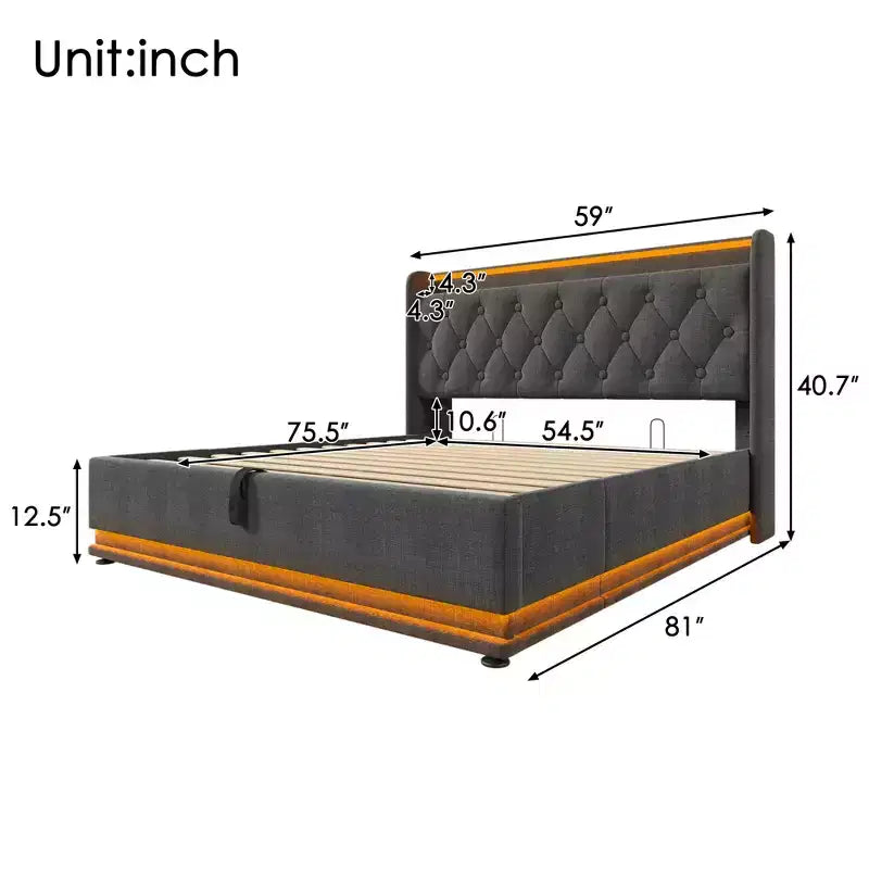 Full Upholstered Platform Bed with 360° LED Surround Lighting & USB-C Charging, Gray