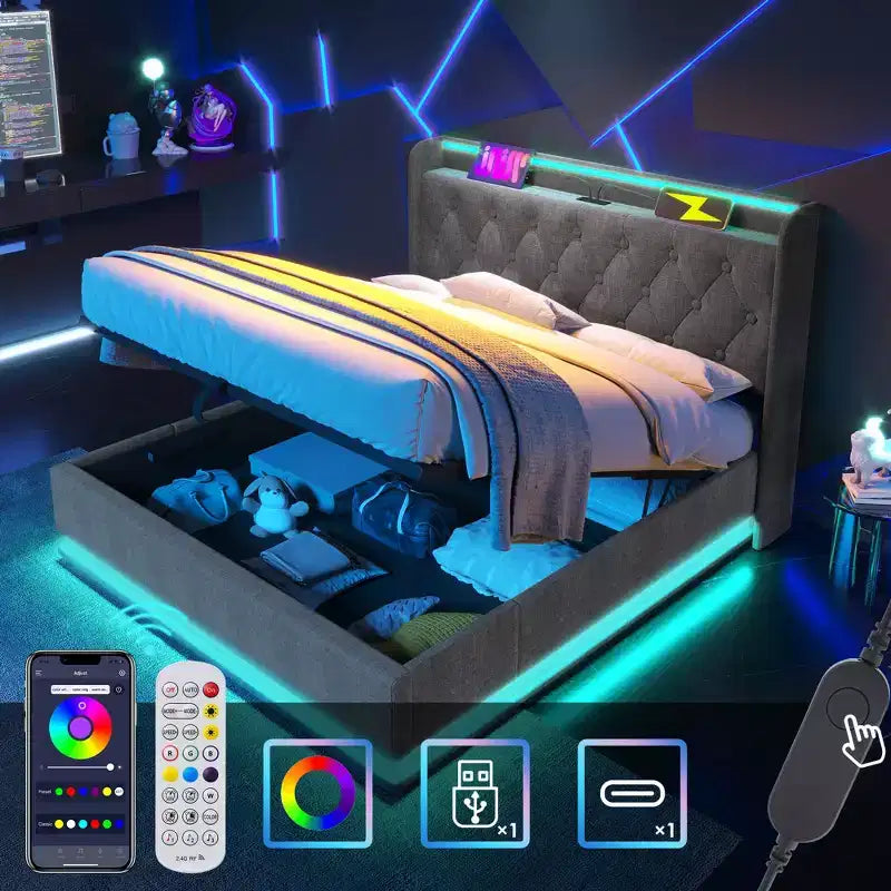 Full Upholstered Platform Bed with 360° LED Surround Lighting & USB-C Charging, Gray