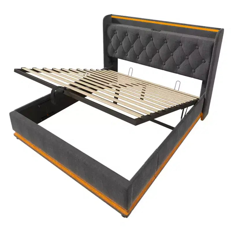 Full Upholstered Platform Bed with 360° LED Surround Lighting & USB-C Charging, Gray