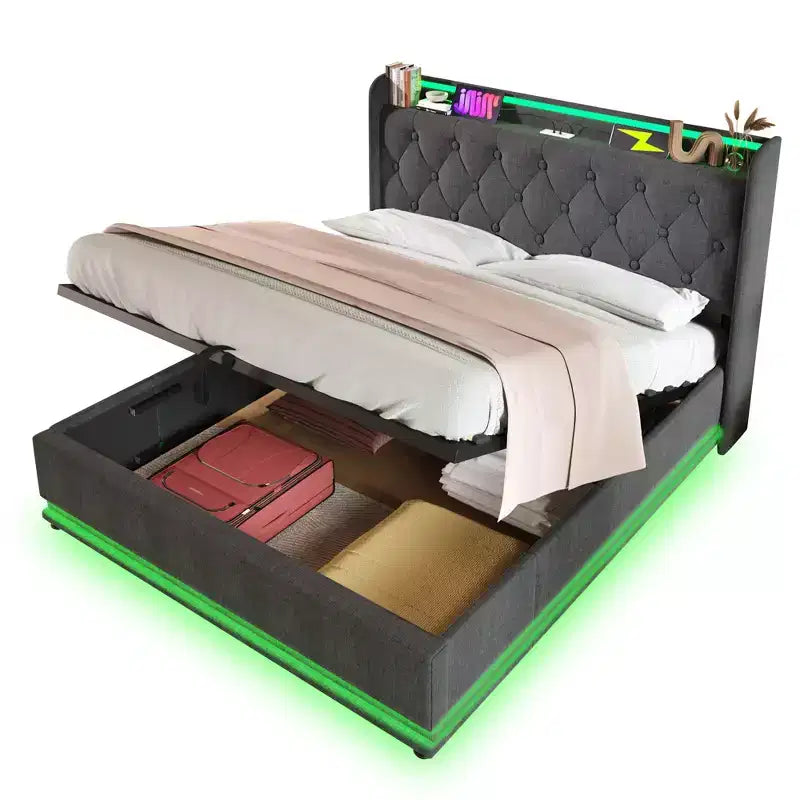 Full Upholstered Platform Bed with 360° LED Surround Lighting & USB-C Charging, Gray