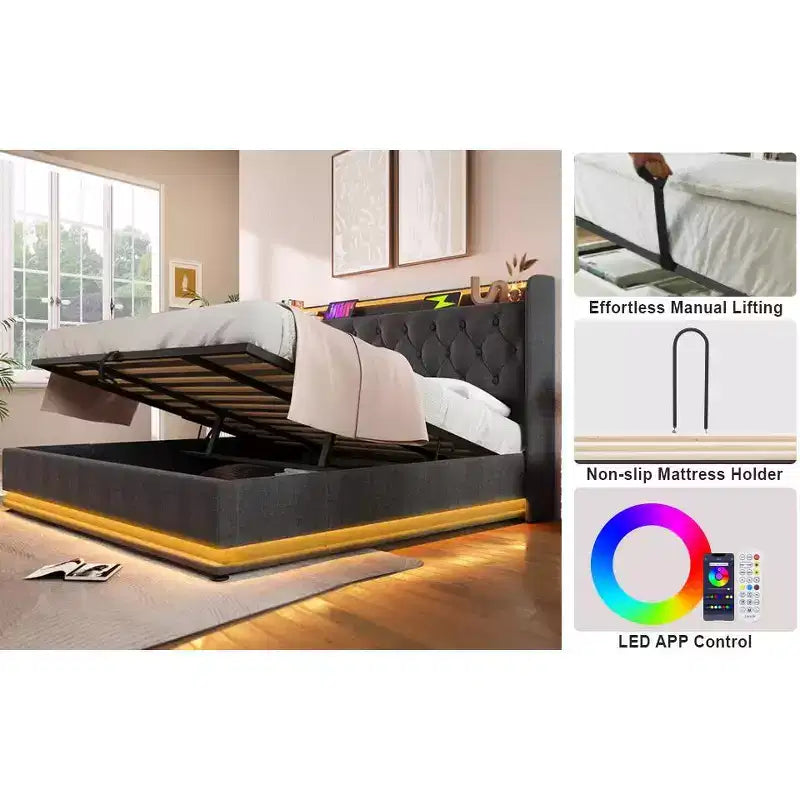 Full Upholstered Platform Bed with 360° LED Surround Lighting & USB-C Charging, Gray