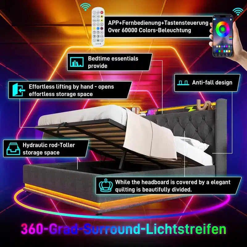 Full Upholstered Platform Bed with 360° LED Surround Lighting & USB-C Charging, Gray