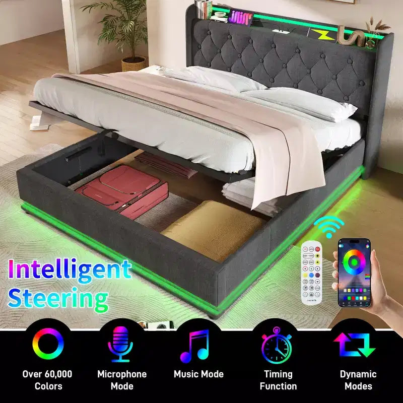 Full Upholstered Platform Bed with 360° LED Surround Lighting & USB-C Charging, Gray