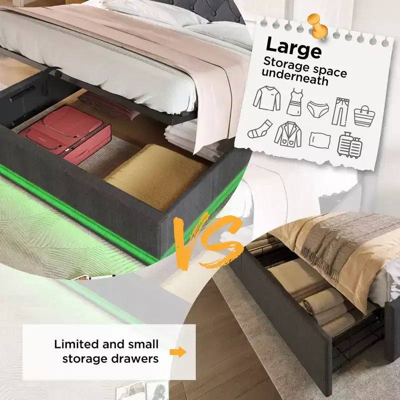 Full Upholstered Platform Bed with 360° LED Surround Lighting & USB-C Charging, Gray