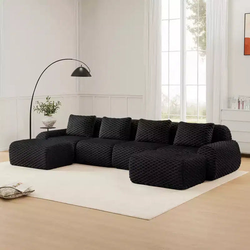 146 U-Shaped Modular Sofa Flannelette 4-Seater Ottoman Buckle No Assembly Black