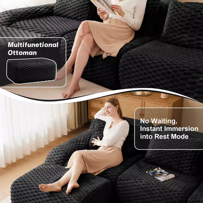 146 U-Shaped Modular Sofa Flannelette 4-Seater Ottoman Buckle No Assembly Black